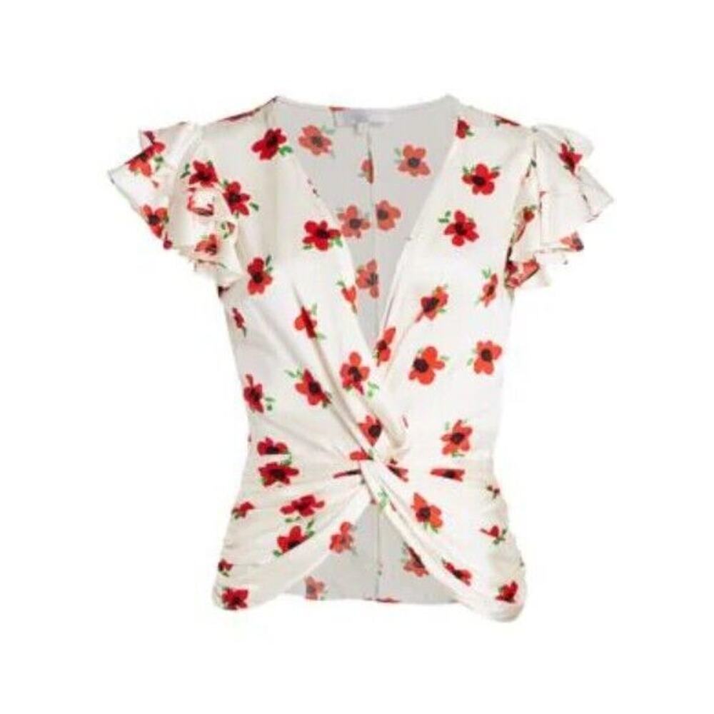 Caroline Constas M Silk Blouse White & Red Floral Rheya Flutter Sleeve Top $395